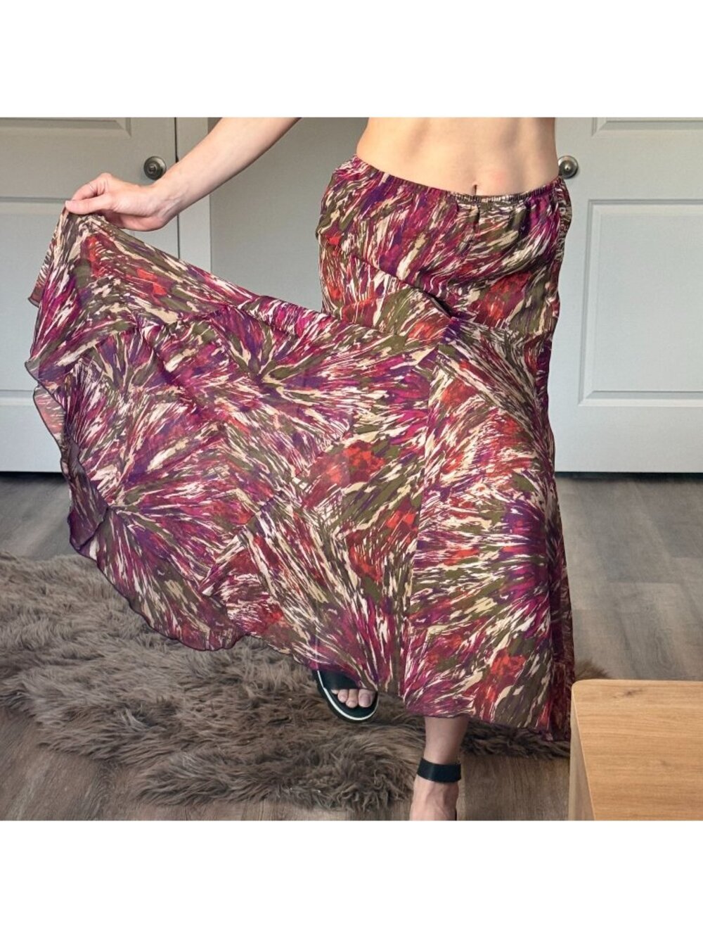 Boho Abstract Maxi Skirt Womens 10P Flowy Earth Tone Festival Coastal Chic Skirt - Picture 1 of 7